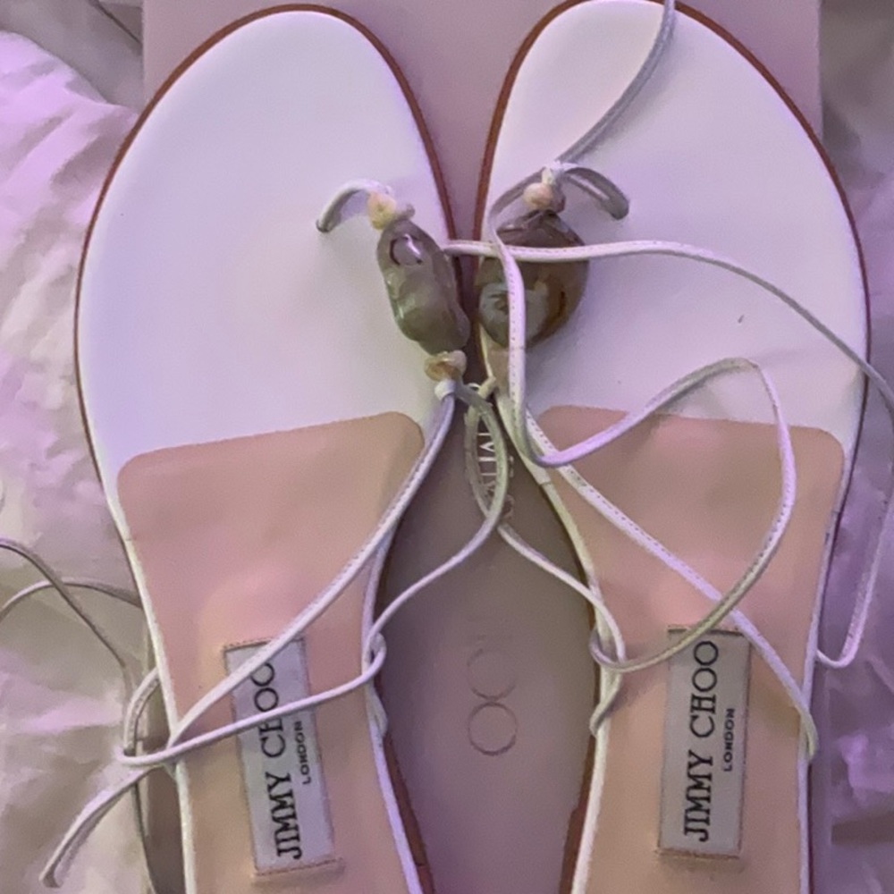 NEW JIMMY CHOO lace up leg white leather sandals with natural stone 39.5 9 9.5 - Picture 4 of 8